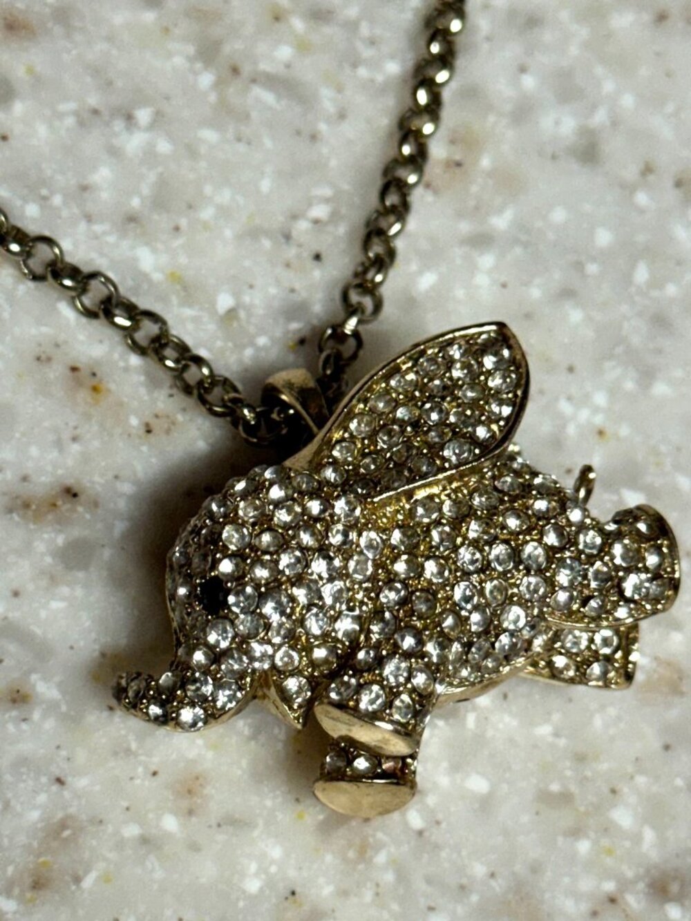 3D Flying Elephant pendant necklace, rhinestones, excellent pre owned condition